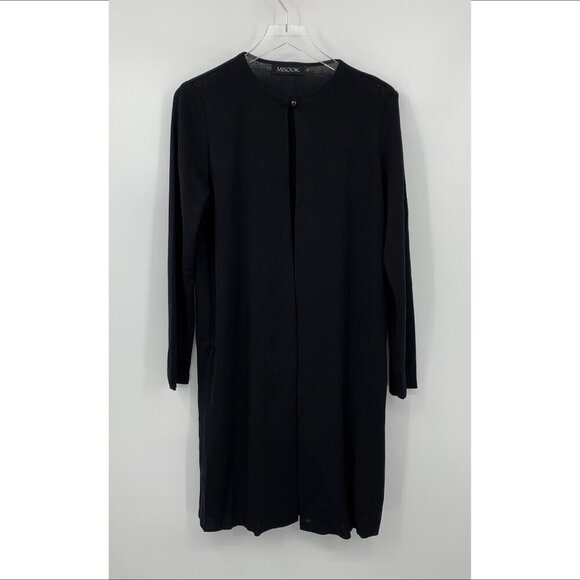 Misook open front duster cardigan sweater knit black long sleeve button Large - Picture 1 of 4